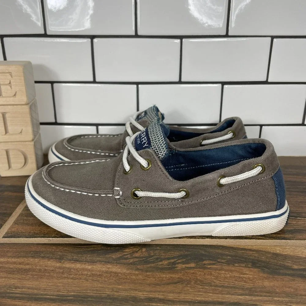 Sperry Halyard 2 Eye Boat Shoe Sneaker Navy Taupe Canvas SOK262045 Boys Size 1 M